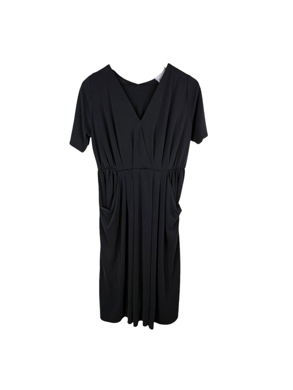 Ella Mara Midi Dress Size Small V Neck Short Sleeve Pleated Black Pullover Pocke